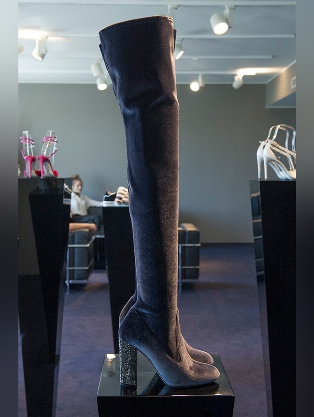 RENE CAOVILLA Swarovski Crystals Over Knee Velvet Boots 39